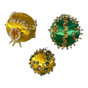 3 Vintage Push Pin Beaded Sequin Christmas Balls Ornaments Ornate Gold Green
